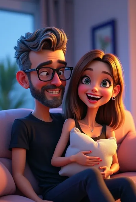 Create a highly detailed 3D cartoon-style caricature of a couple inspired by the reference photos provided. The man has short, dark, slightly gray hair, a neatly trimmed beard with soft gray tones, and wears clear (not tinted) glasses, along with stylish c...