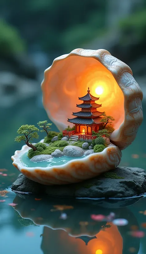 （World inside a snail shell：3.0）Micro-landscape art ornaments，A tiny celestial palace model inside a super giant open snail shell，Immortal mist，Scallop with an open mouth，Chinese style loft，lake，Shimmering iridescent beads，Glowing lines within the object，c...