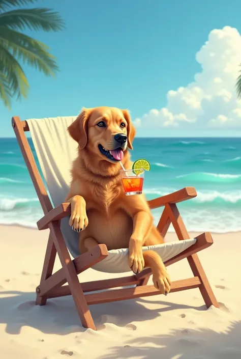 A dog on a beach sunbathing on a sun lounger and drinking a drink