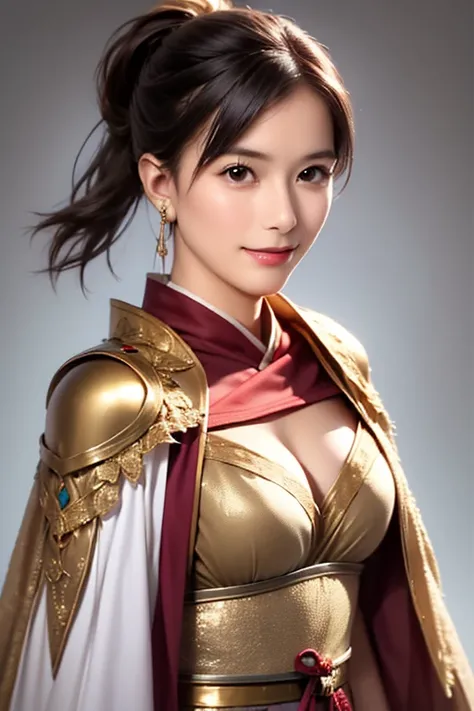 ((The upper body of a female warrior wearing gold and red armor and a cloak:1.4)),1 person,  black hair,  belly shortcut   ,Big breasts and cleavage,  high-definition face and skin texture  ,  staring at the camera,   Chinese Warrior:1.2,  perfect beauty: ...