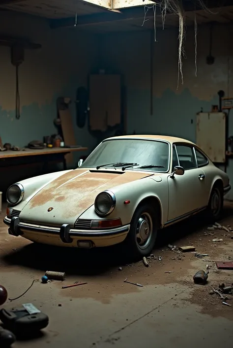 Photo of poor quality porshe 911 gt in a dust-covered garage 