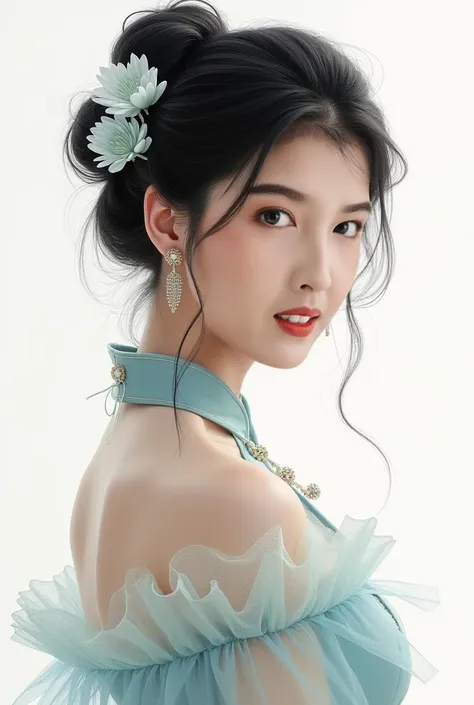 /I A Chinese beauty wearing an off-the-shoulder cheongsam, red lipstick on her lips, black hair in an updo style with bangs and tulle at the bottom, white background, half-length photo, fine details, illustrations, ink painting in the style of fantasy art ...