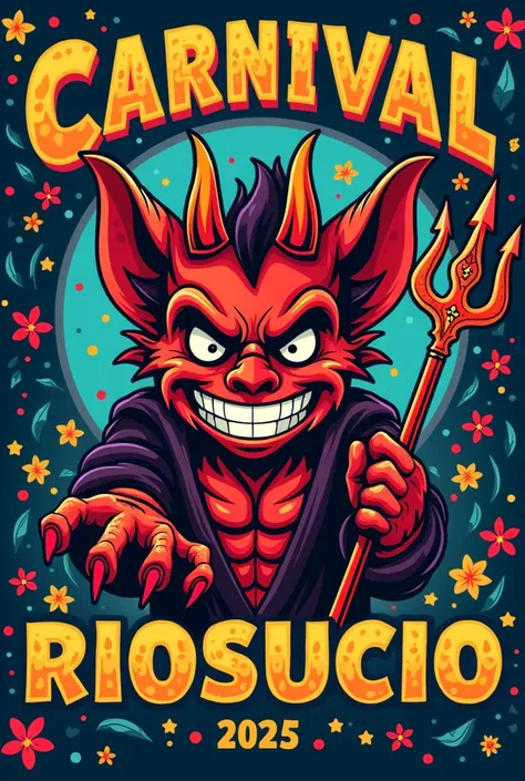 Generate cheerful devil t-shirt design with trident and text in the image that says carnival Riosucio 2025