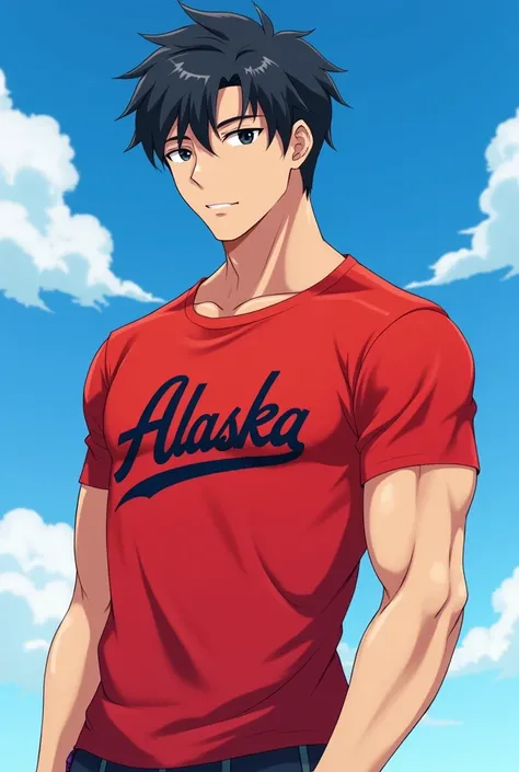 Make me a handsome male anime character Dan looks dashing in a red shirt with Alaskas name on it and a sky blue background