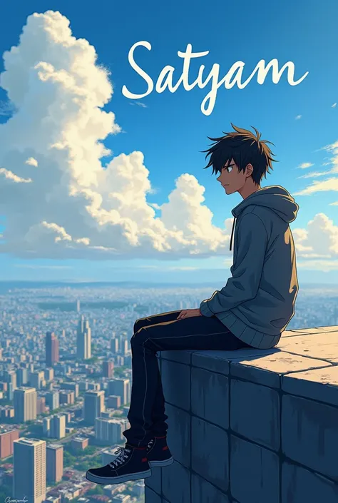 Create an image of a handsome anime boy in hoodie and sit on building top and name SATYAM written in sky 