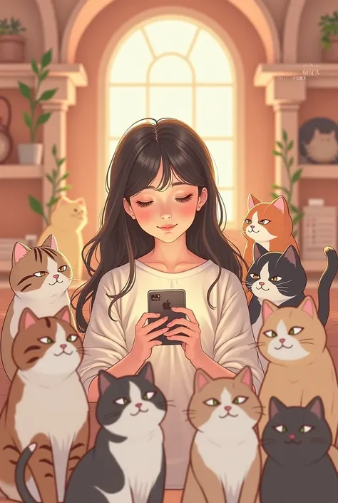 soft line design, 1 small cute girl hold a phone, many cute cats around her, pastel color, behind her is a cute cat hotel, chinese book cover style, calm atmosphere 