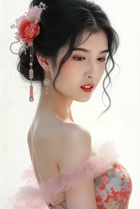 /I A Chinese beauty wearing an off-the-shoulder cheongsam, red lipstick on her lips, black hair in an updo style with bangs and tulle at the bottom, white background, half-length photo, fine details, illustrations, ink painting in the style of fantasy art ...