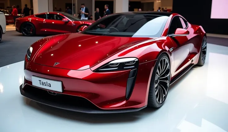 Close (front left side) view of painted  with galemy red diamond (2025 Tesla Roadster)spark sleek in large shape sedan in large size with  logo (Tasla )on its large detailed grille in shiny white clour with angular sporty design captured from close(front l...