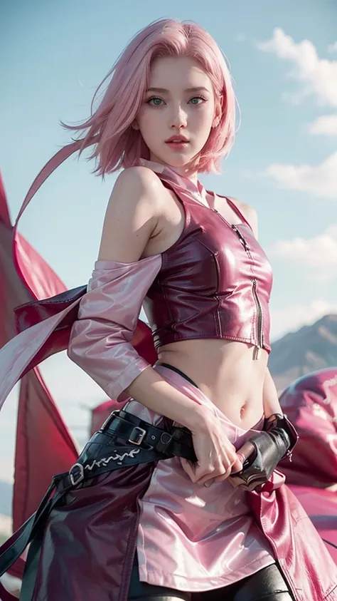 young woman, short shoulder-length pink hair, wide forehead, porcelain skin, pink eyebrows, big emerald green eyes, buttoned nose, full lips, heart-shaped face, slender body, small breasts, leather military green clothing, Sakura Haruno , realistic, Realis...