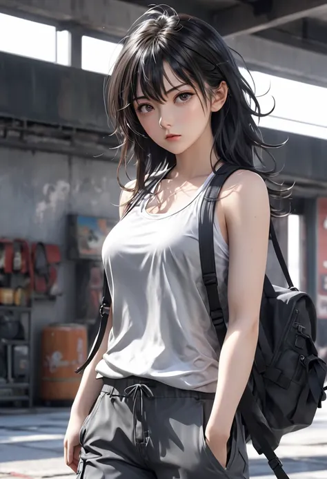 Wear a black jacket、 wear a gray tank top 、Wear gray cargo pants 、 Fighting Poses 、 Anime Style の女性,  realistic anime 3d style in the style of Kantai Collection,  Anime Style  4 k,  Anime Style . 8k,  realistic anime art style,  ANIME REALISM STYLE ,  3D A...