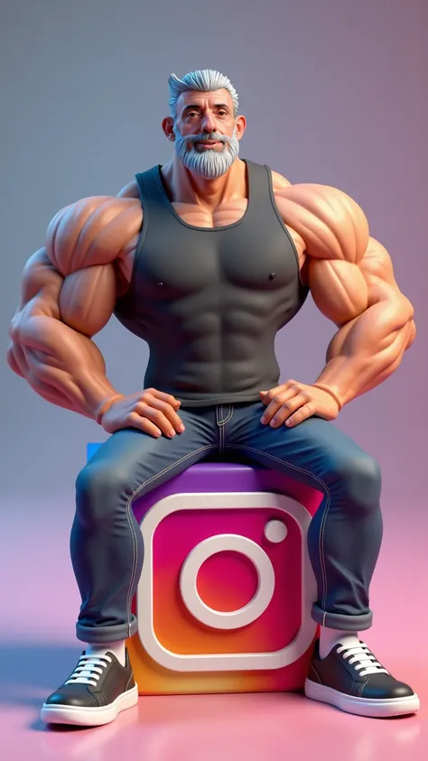 1. Create a 3D illustration of an animated character sitting casually on top of an “Instagram” social media logo. The character should wear modern casual clothing such as jeans, a tank top, and sneakers, be 55 years old, have gray hair, a gray goatee, and ...