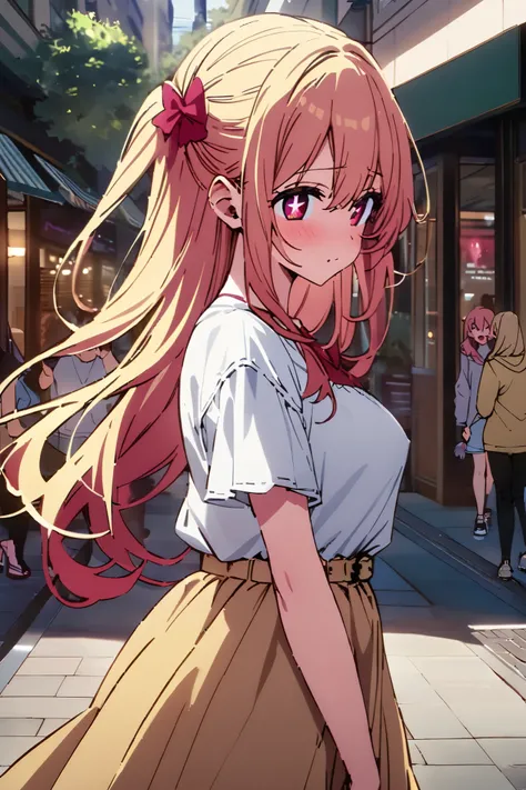 NSFW,masterpiece, top quality , high res, very detailed,Hoshino Ruby(My Favorite ),Star-shaped pupils, long hair, side ponytail,Blonde, casual clothes,Date,bustling street