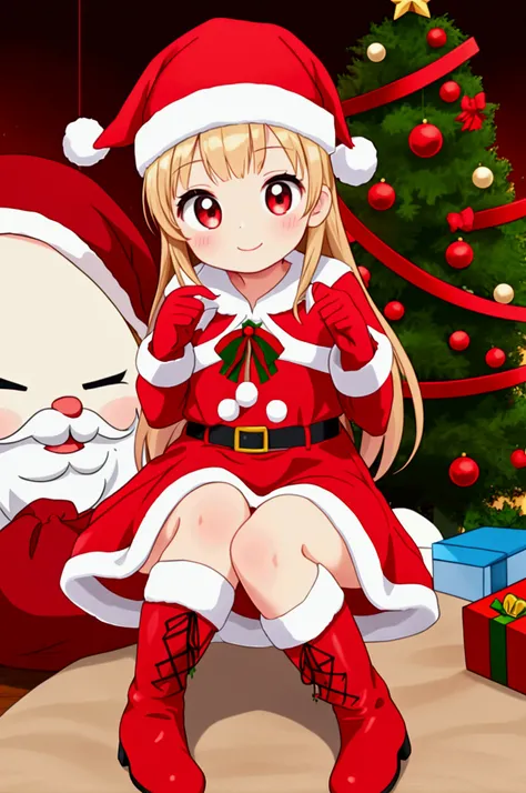  girl、smile、Children、 Santa Claus 、Santa hat、Red gloves、 Santa Dress , boots、 Christmas tree