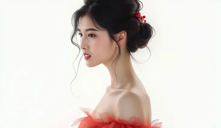 /I A Chinese beauty wearing an off-the-shoulder cheongsam, red lipstick on her lips, black hair in an updo style with bangs and tulle at the bottom, white background, half-length photo, fine details, illustrations, ink painting in the style of fantasy art ...