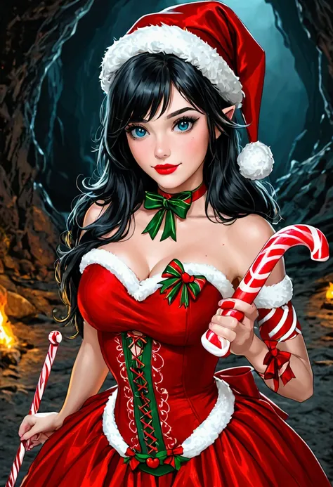 A cute woman (role of one of Santas assessing elves, sexy costume, candy cane themed weapons, cute) carves a bloody path of vengeance through a cave of gift stealing goblins (grim blo0dy battles)
