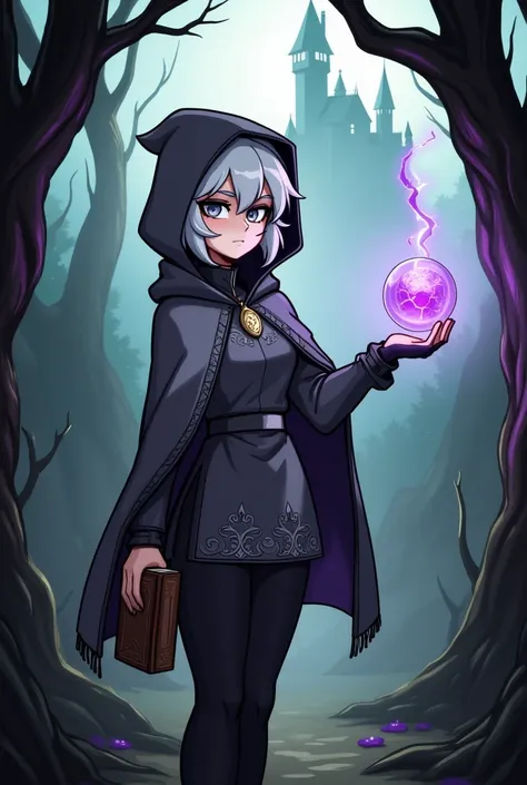 Young girl wearing a charming, worn gray hooded cape with a soft, muted texture, reminiscent of a traditional ‘little red riding hood’ style but with a dark, mysterious twist. Her hood is pulled up, partially shadowing her face, adding an air of secrecy. B...