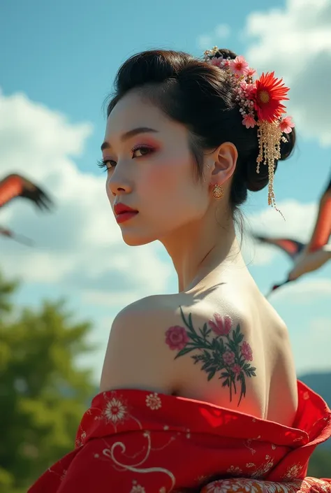 Realistic photography, a beautiful geisha woman, wearing a seductive in a red kimono with sakura tattoo, and open back and her shoulders, deep neck, revealing her smooth skin. While cranes fly gracefully in the background. The sky is a vibrant blue with so...