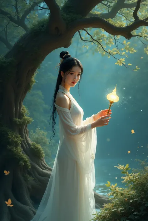 A beautiful chinese young lady wearing a white thin traditional address standing under the old tree holding lamp in the dark forest