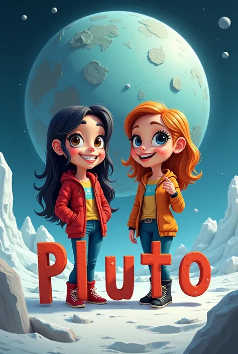 generate an cartonized image of pluto planet with name "pluto" and two women with a named namtanfilm.