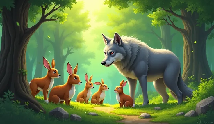 A vibrant green forest with sunlight streaming through the canopy. A group of animals, including rabbits, deer, and birds, gather with worried expressions. In the background, a large gray wolf stands, its piercing eyes and thick fur exuding an intimidating...