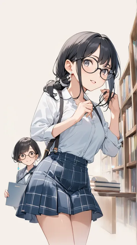 Black hair, glasses, pearl earrings, older sister who works at the library