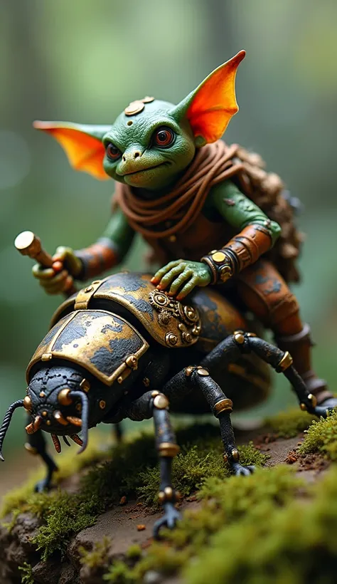 Macro photograph of a daring goblin tinkerer in a patchwork outfit, perched on a metallic beetle covered in tiny gears and mechanical components. The goblin is holding a glowing wrench and leaning forward as the beetle scuttles over a mossy rock in a misty...