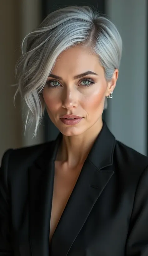 a portrait of a confident woman with short silver hair.the background is minimalist.cinematic lighting,highly detailed,realistic style