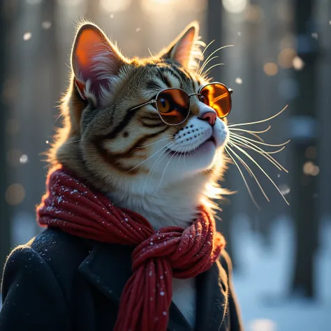 winter至、winter、snow、 Bremens band 、 hairstyle Beethoven  、Birthday  、 Many people々 is celebrating  、  fat cat with sunglasses looks at it and laughs、 Dark Forest　 evening 　Sparkling Eyes　 snowの中で立っている 　 realistic image 　Generative AI