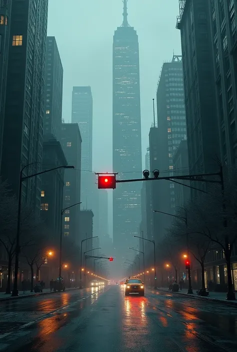 A superficial scene of
A panoramic shot of a modern city, but totally disrupted:  Traffic lights are off, elevators are not working, lights are off.