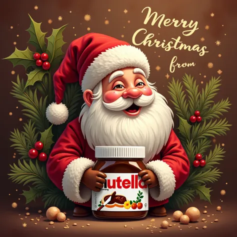 a christmas card in nutella style whith christmas decoration,  Santa Claus, nutella, whith german text" Merry Christmas from Rudi"
