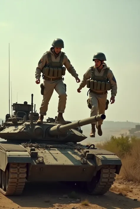 Two Israeli soldiers in modern Israeli combat uniforms, modern Israeli combat helmets,Burnt,Pose jumping from the top of a destroyed and burning Merkava tank,The backdrop of bushes and ruins is typical of a Palestinian war zone,The facial expression is ver...