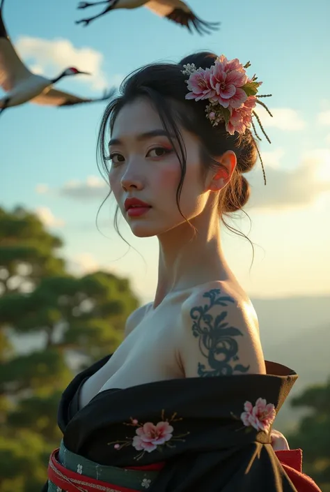 Realistic photography, a beautiful geisha woman, wearing a seductive in a black kimono with sakura tattoo, and open back and her shoulders, deep neck, deep cleavages, medium breast, revealing her smooth skin. While cranes fly gracefully in the background. ...