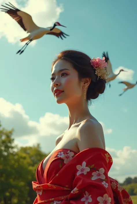 Realistic photography, a beautiful geisha woman, wearing a seductive in a red kimono with sakura tattoo, and open back and her shoulders, deep neck, deep cleavages, medium breast, revealing her smooth skin. While cranes fly gracefully in the background. Th...