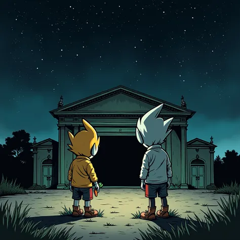 American Comic Book style, two ren stand at a distance, gazing at the darkened theater with sad expressions. One holds a small carrot as a keepsake. The night sky is filled with stars, casting a faint glow over the empty building.
