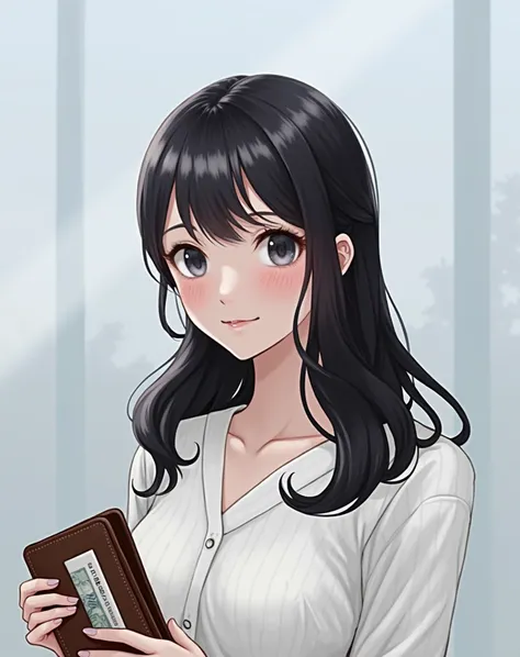 Close up of a woman with a brown wallet, Chiho,   dark haired Ishida Mizu-san  , Teshirogi Shiori ,  with a pretty face - pretty face , Picture of 8,000 yen , Yoshitomo Nara, shikamimi,  princess cut, Takemura Kimi,  WHITE HIMECUT HAIRSTYLE ,  Kotegawa Yui...