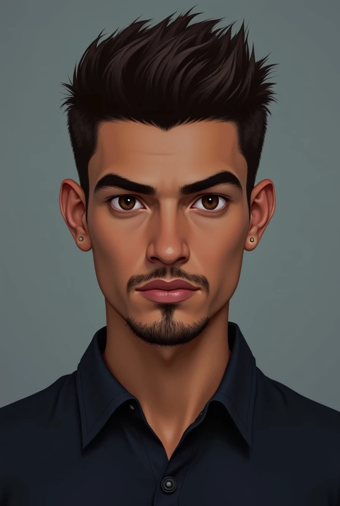 The image shows a young man with short, dark brown to black hair styled in a slightly upward, textured manner. His skin tone is medium brown. He has dark brown eyes that appear intense or serious in their expression. His nose is medium-sized and his mouth ...