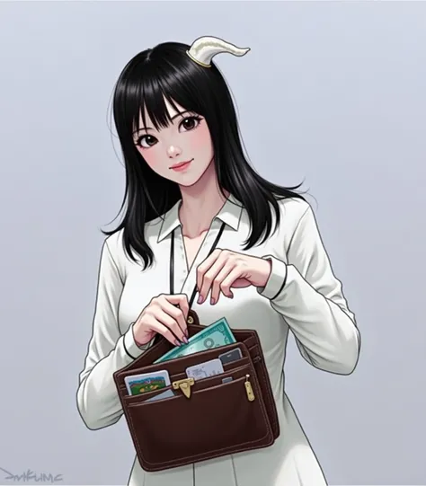 Close up of a woman with a brown wallet, shikamimi,   dark haired Ishida Mizu-san  , Chiho, Teshirogi Shiori , Yoshitomo Nara, She has dark hair with bangs , sakimichan,  WHITE HIMECUT HAIRSTYLE , sakimimichan