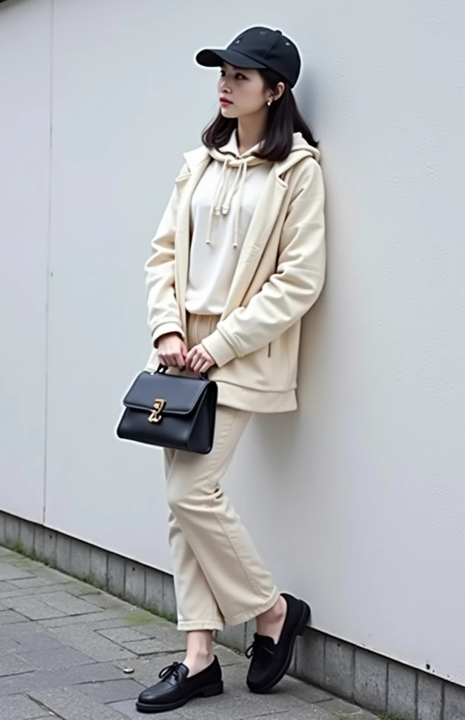 Woman standing beside wall with purse and shoes,  Cute Style , Ulzzang, cute shirt and jeans ,  beige hoodie ,  Tokyo Fashion, Japanese clothing,  style good wisdom , (  ivory black  ), Masami Kurumada&#39;s style,  cream blouse ,  cute girl, sakimichan,  ...