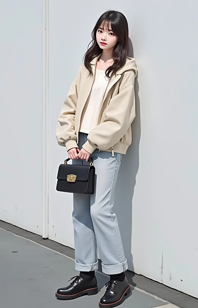 Woman standing beside wall with purse and shoes, Written by Yasutomo Oka,  instagram,  what is it ？,  Cute Style , Ulzzang, cute shirt and jeans ,  beige hoodie ,  Tokyo Fashion, Japanese clothing,  style good wisdom , (  ivory black  ), Masami Kurumada&#3...