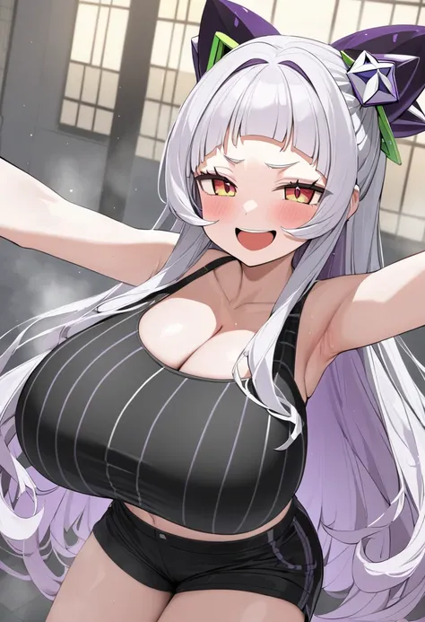 ( top quality , 8k, masterpiece),  girl , young , Idol , 1 person ,  murasaki shion ,  hololive , Silver Hair , Big Breasts , smile ,  like heaven ,  red cheeks  , Tanimachis emphasis  , A rich variety of skin tones  , (  sportswear 、 black sports bra、 Sho...