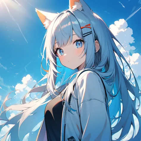  1girl, animal ears, bang, blue sky, cloud, day, fox ears,  hair ornament,  hair clip ,  long hair,  looks at the viewer ,  outdoor, sky, One ,     