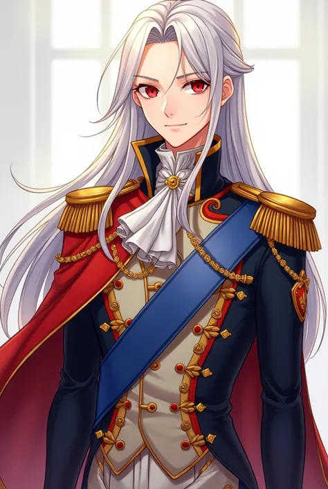 I want you to draw a picture of a man wearing the full uniform of the French royal family, long white hair to the middle of the back, rose-red eyes, snow-white skin, with an elegant posture, a beautiful and noble face, anime.