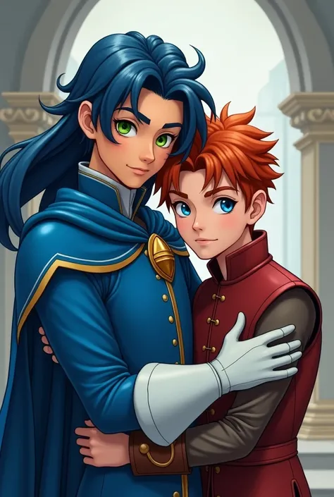 Live Action  Teen Asian boy with Green Eyes Long Flowing Blue Hair, Wearing a Blue Long Sleeved Medieval  Prince Outfit, with Blue Cape and White Leather gloves. Hugging a Shorter boy with Blue Eyes, Red Spikey Hair and a Sleeveless Red Leather Jacket.