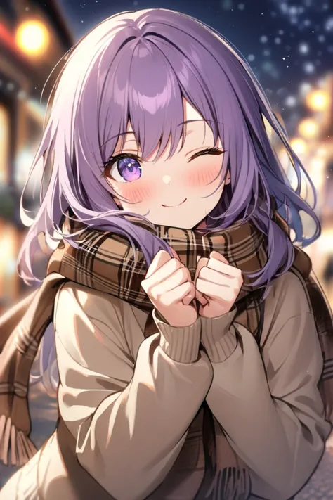  1girl, solo, long hair, looking at viewer, blush, smile, long sleeves, closed mouth, purple eyes, upper body, purple hair, outdoors, one eye closed, alternate costume, sweater, hands up, blurry background, night sky, clenched hands, ;), plaid scarf, brown...