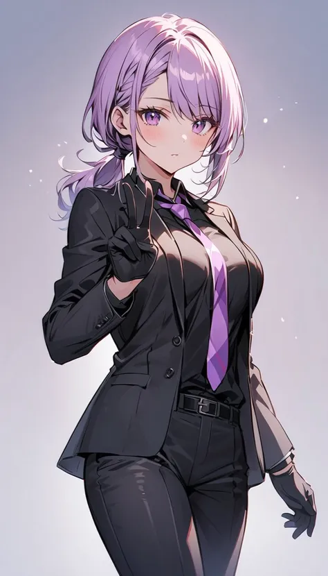  beauty , Blusher, Alone,  26-year-old mature woman from the athletics department, A short Short low ponytail with side-swept bangs, Purple hair, (Black suit jacket), Black shirt,  Purple Necktie , black suit pants,  black low-heeled shoes, Expressionless,...