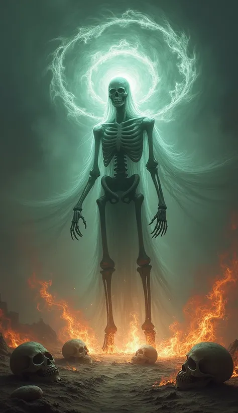  Portray a skeletal spectral entity with a menacing presence,  surrounded by a spiral of flames , skulls and mystical energy ,  in a setting of pure desolation ."
