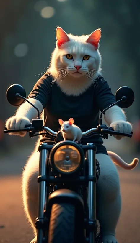 There is a big muscular white cat she is wearing a black t-shirt She is on the road and there is a motorcycle And in front of the motorcycle there is a small mouse and is sitting on the motorcycle and it is night time Background cinematic light blur effect...