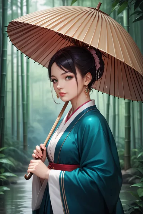 Masterpiece, extremely detailed CG unity 8k wallpaper, 1 girl, beautiful, realistic, blur, blurred background, blurred foreground, bamboo forest, depth of field, earrings, jewelry, nose, realistic, solo, hanfu, holding oli paper umbrella, rain