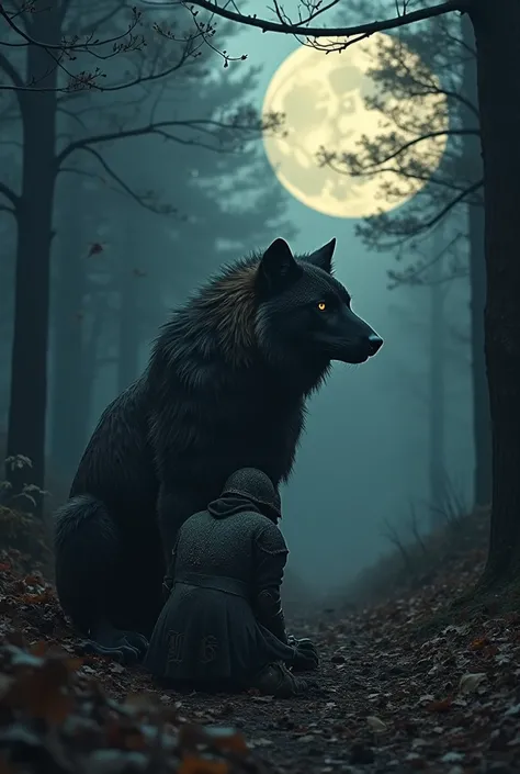 "Un paysage sombre et inquiétant dans une clairière de forêt à la lumière de la pleine lune : un loup imposant et majestueux, avec un pelage sombre et des yeux perçants, se tient triomphant au-dessus d’un chevalier à genoux, en armure cabossée et couverte ...