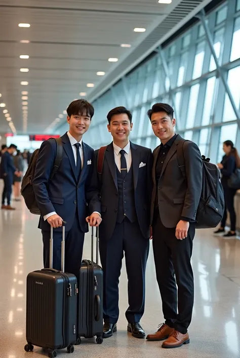 they are posing for a picture in the airport, a picture by Kanbun Master, instagram, happening, siwoo kim, kda and sam yang, south korean male, gunwoo kim and j.dickenson, woo kim, nixeu and sakimichan, joongwon charles jeong, with many travelers, taejune ...